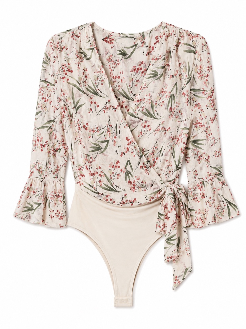V NECK FLORAL BODYSUIT WITH FLUTED SLEEVES